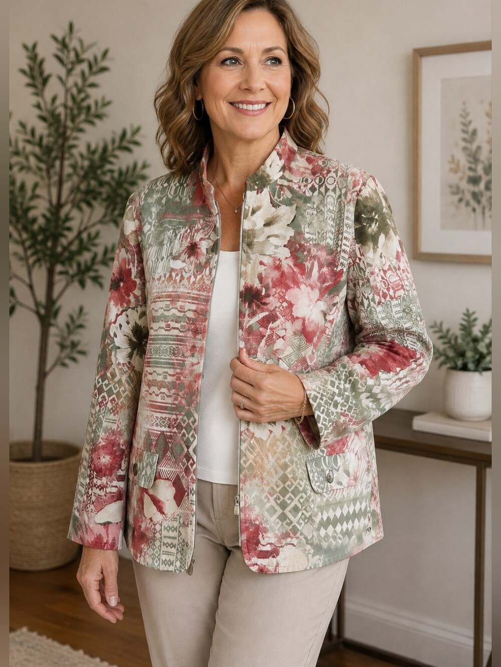 Alfred Dunner Floral Zip Jacket Womens 14 Lined Lightweight Blazer